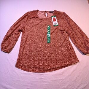 NWT Adrianna Papell Women's XL Orange Floral Print Smocked Neck Blouse Top